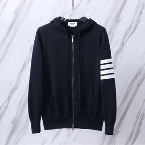 Thom Browne Dark Blue Zip-Up Sweater with White Accents